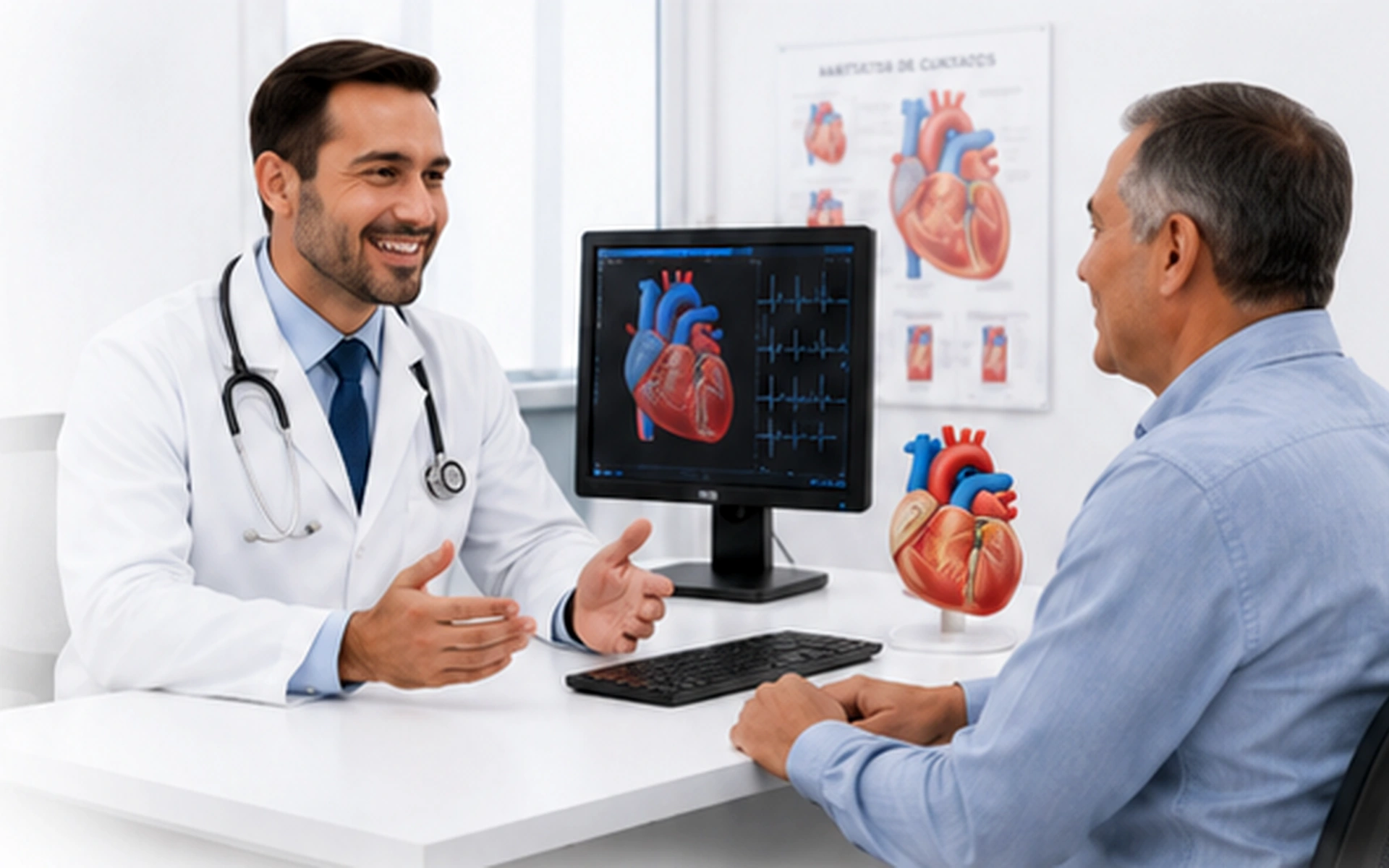 Cardiólogo conversando con un paciente durante una consulta