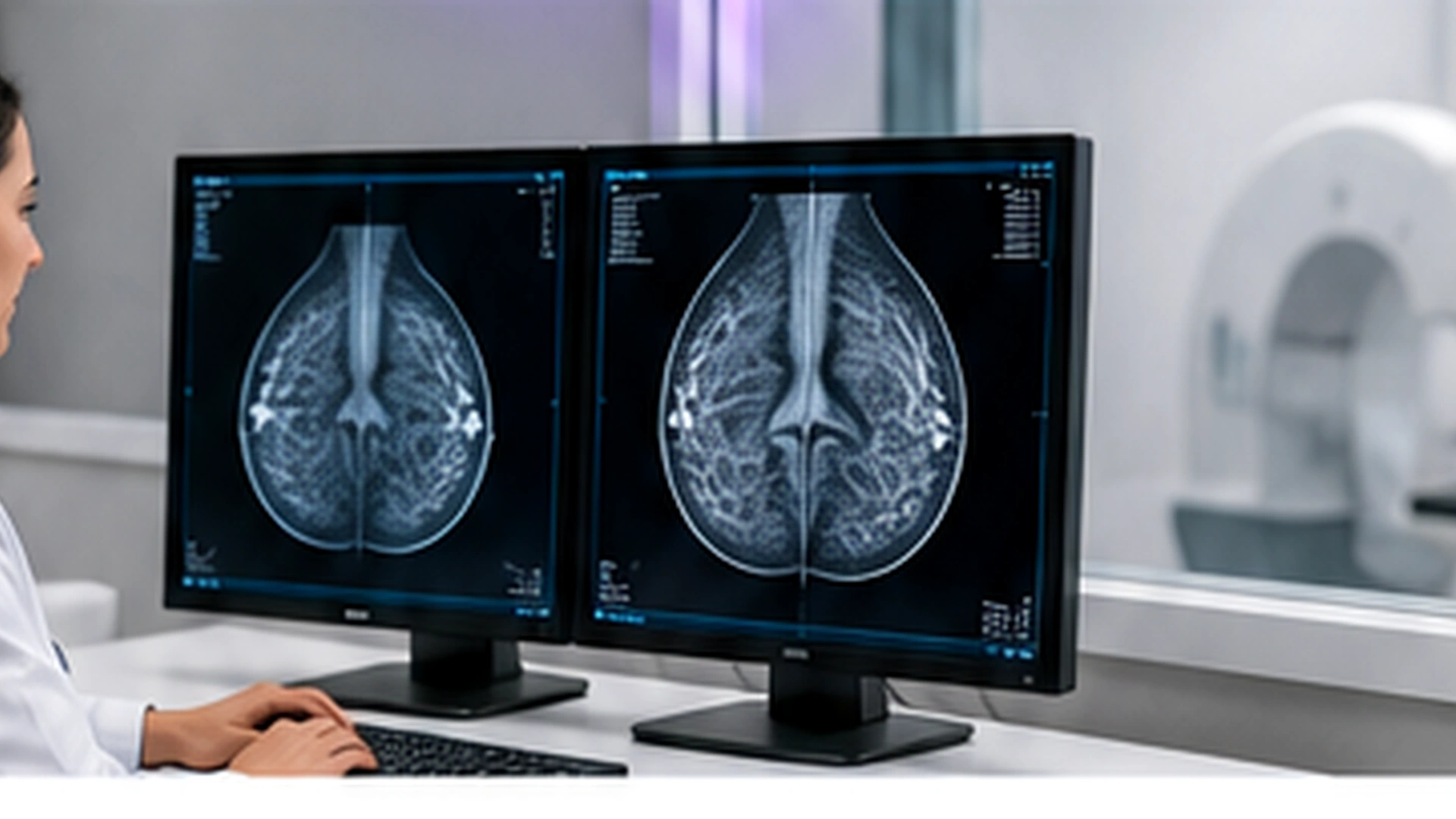 Profesional revisando imágenes de mamografía digital en monitores clínicos