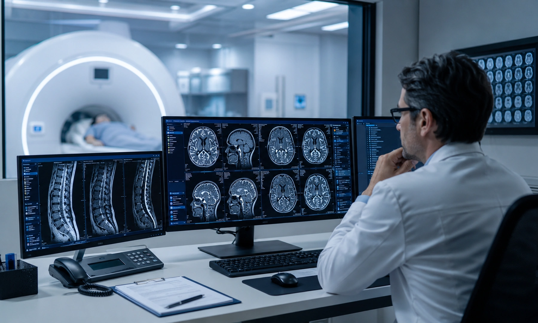 Especialista revisando estudios de resonancia magnética