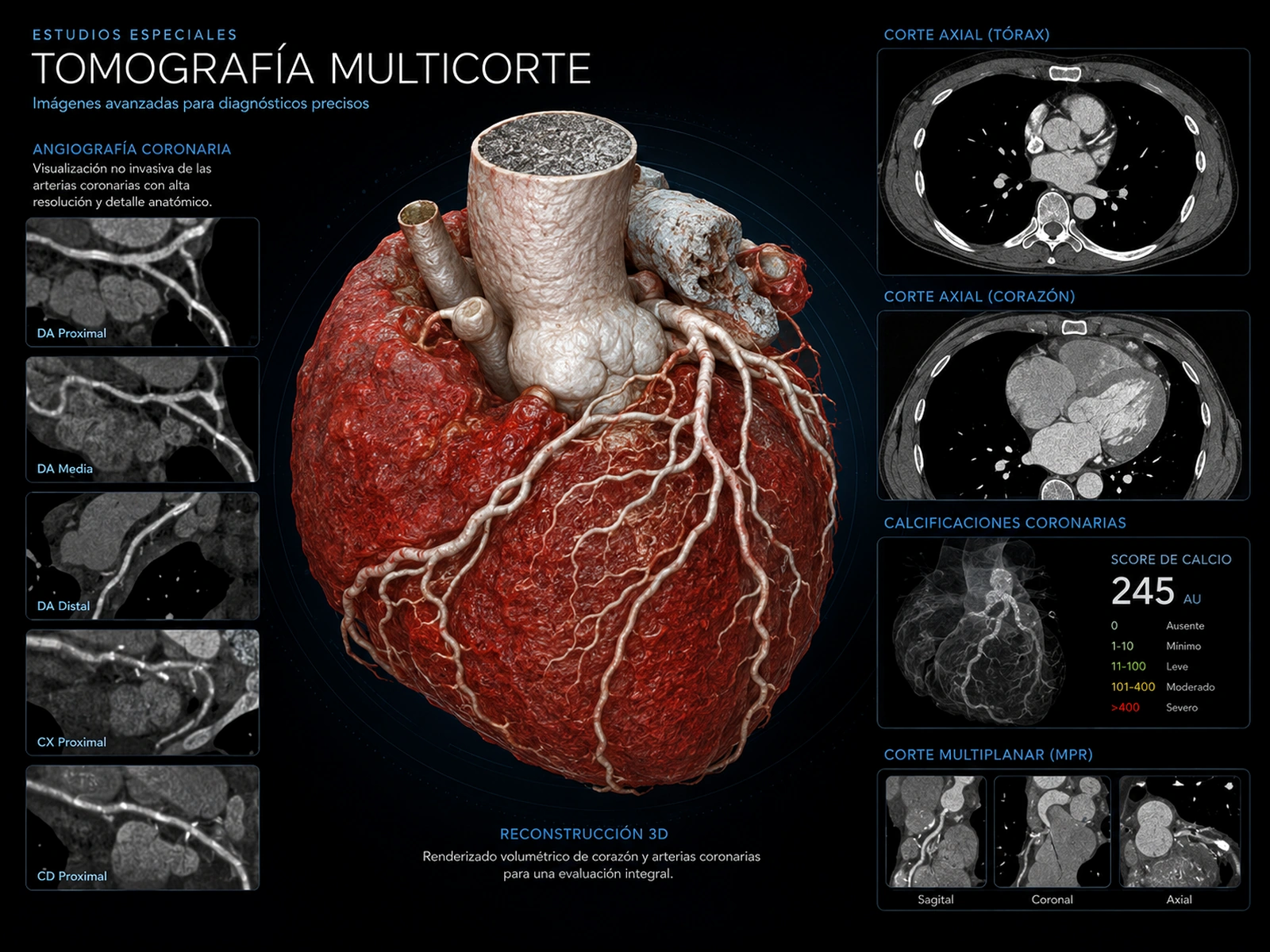 Reconstrucción 3D y cortes de cardio tomografía y arterias coronarias